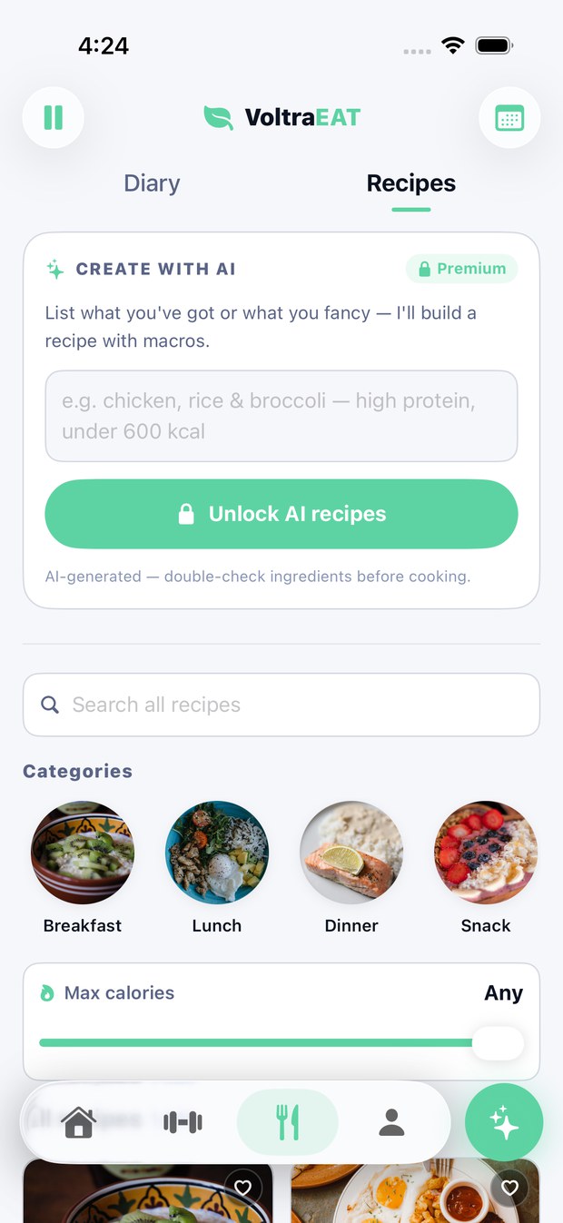 Voltra recipes and AI meal logging