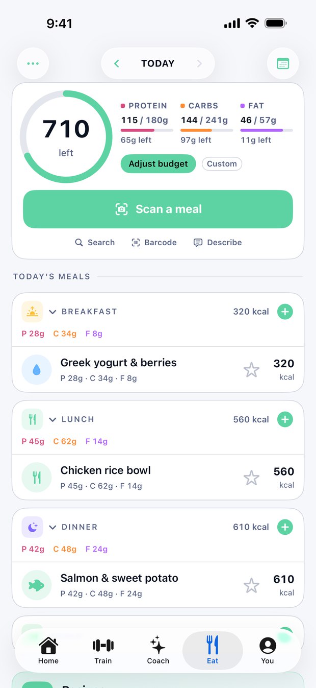 Voltra Eat: the calorie ring, the macros and today's meals
