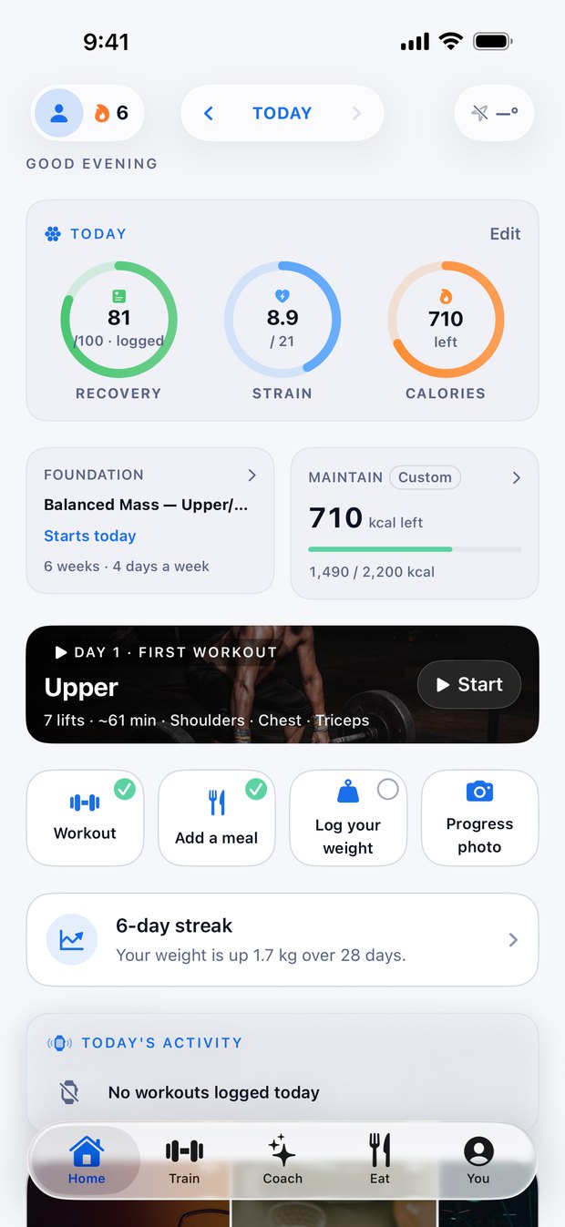 The Voltra home screen: your rings, today's calories, today's workout, and the day's check-offs