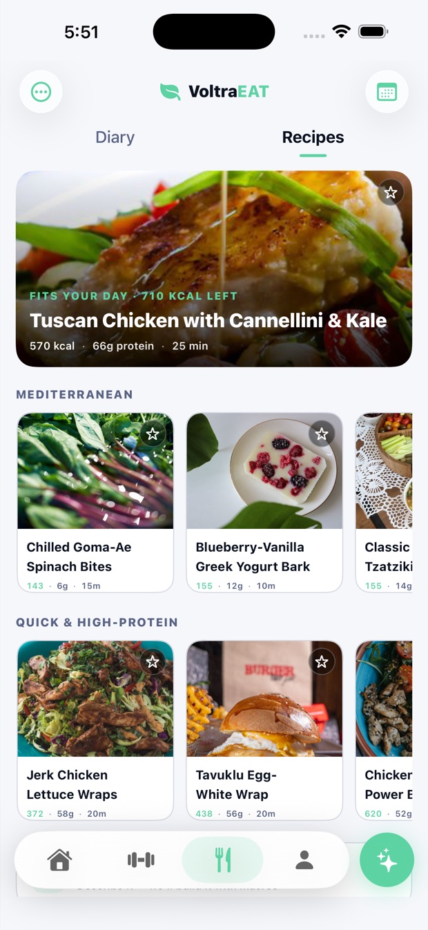 Voltra's recipe library and the create-a-recipe-with-AI composer