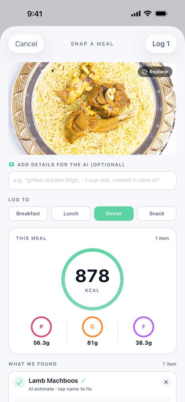 A Voltra meal scan: the photo, the calories, and what it found