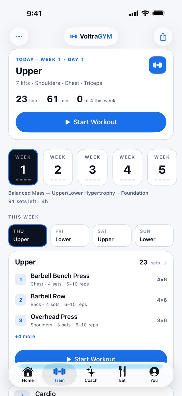 Voltra's Train tab: today's session, the week, and each day's lifts