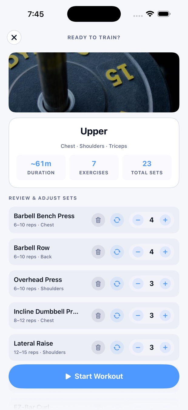 Voltra workout detail — exercises, sets and reps before you start